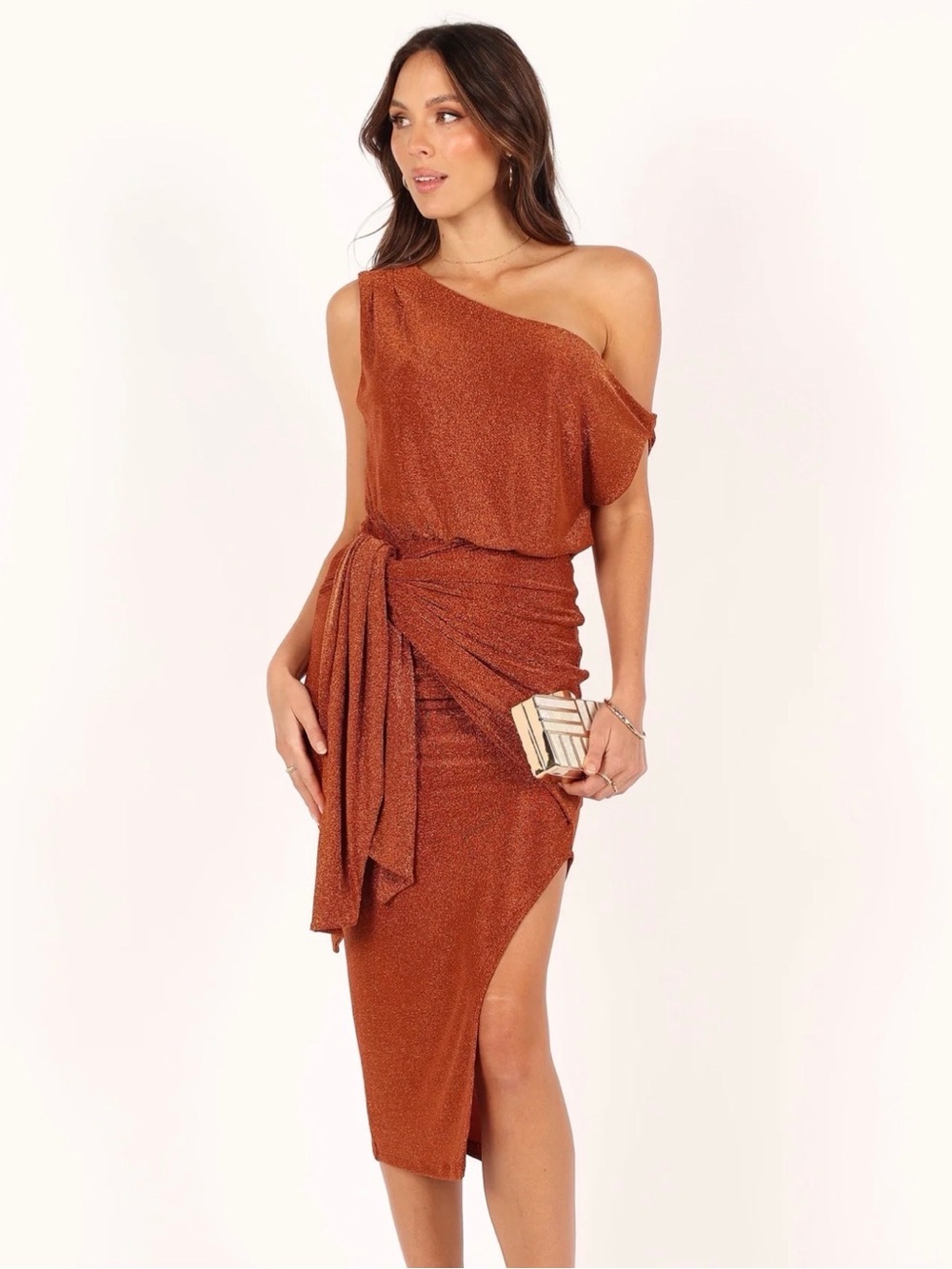 Petal & Pup One-Shoulder Copper Shimmer Midi Dress